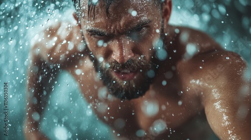 An athlete trains intensely in the rain, water droplets visible on his face, embodying gritty determination and focus, highlighting his dedication to fitness. photo