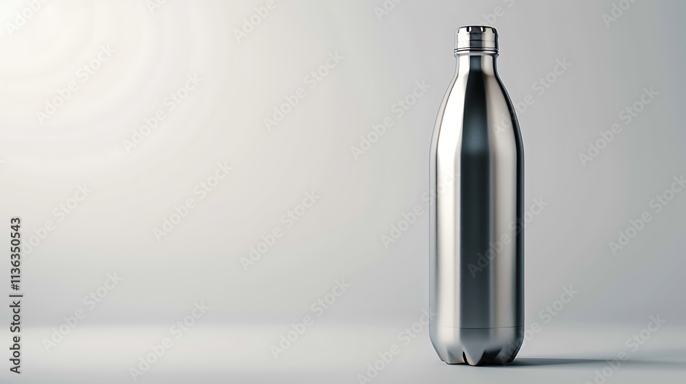 Stainless steel water bottle standing upright, with a clean white background highlighting its sleek design.
