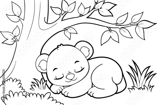 Adorable Sleeping Bear Cub Underneath a Tree Coloring Page