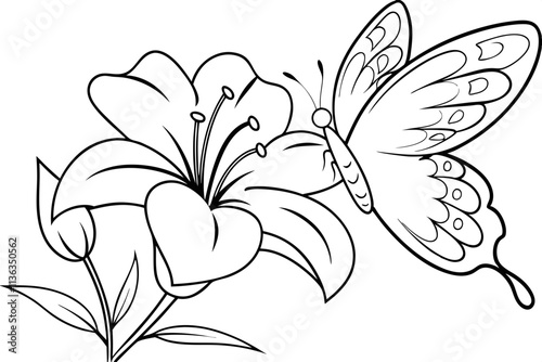 Black and white line art drawing of a butterfly on a lily