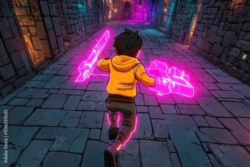 A heroic adventurer exploring an ancient dungeon filled with glowing runes, treasure chests, and eerie shadows