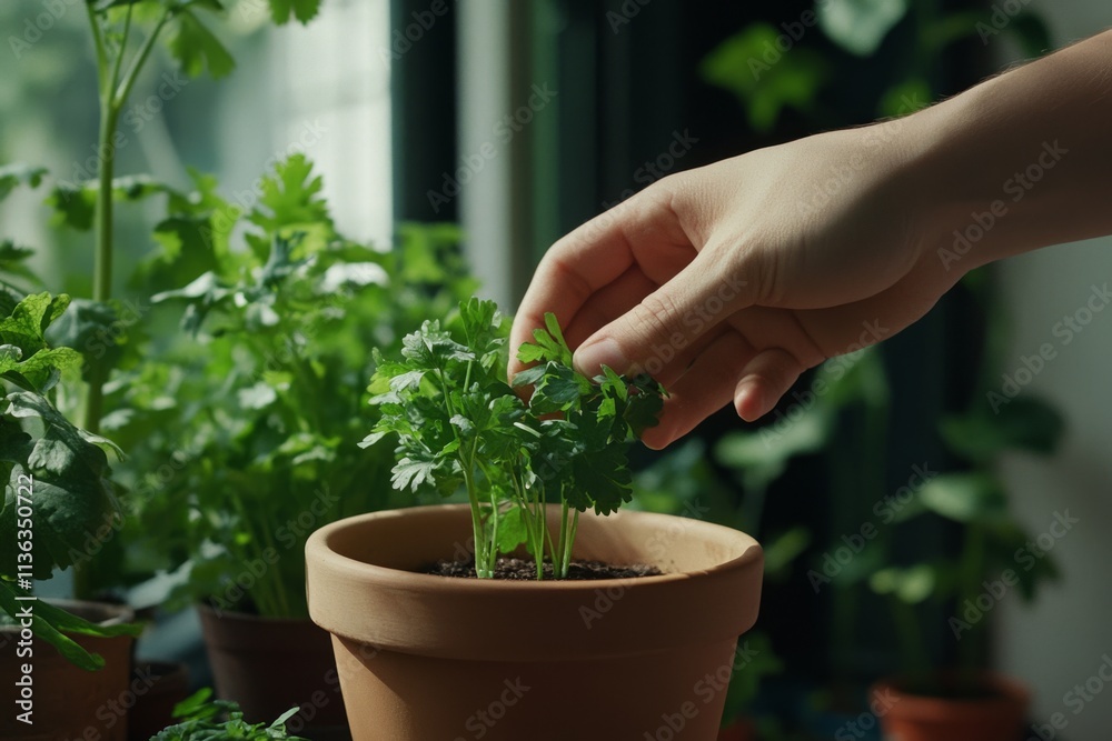 A hand gently picks a fresh parsley sprig from a terracotta pot in a vibrant kitchen garden, embodying nature’s touch and homegrown goodness.