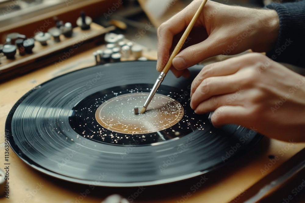 An intricate close-up of a person delicately cleaning a vinyl record, showcasing craftsmanship and the tactile care of cherished vintage music. An intricate close-up of a person delicately cleaning a vinyl record, showcasing craftsmanship and the tactile care of cherished vintage music.