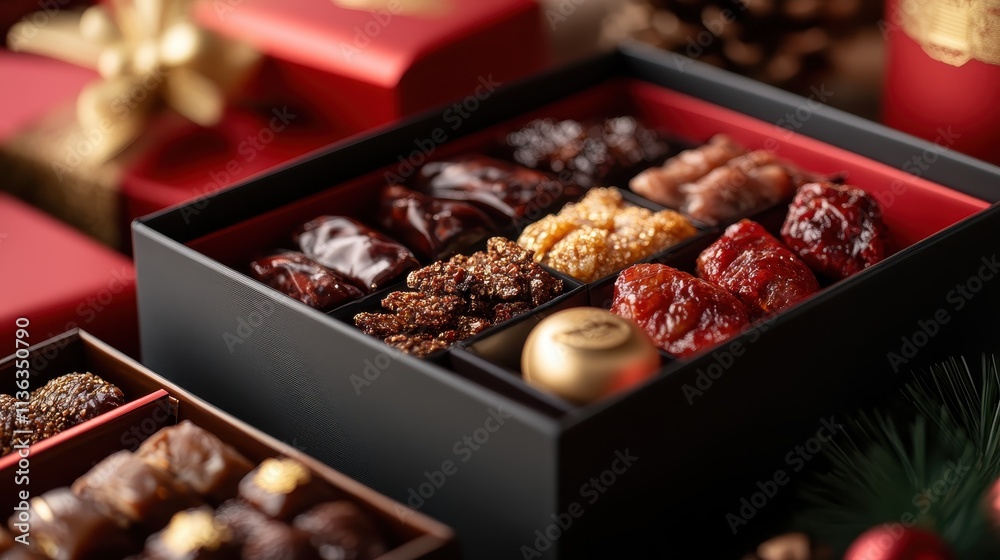 An exquisite assortment of gourmet chocolates elegantly arranged in beautiful, luxurious gift boxes, evoking a sense of indulgence and refined taste for special occasions.