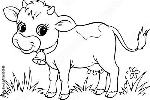 Adorable Cartoon Calf, Black and White, Coloring Page, Farm Animal