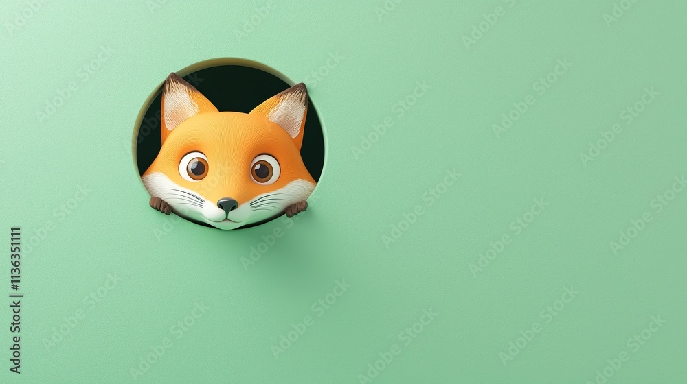 Obraz premium Cute orange fox peeking through a hole in a pastel green cartoon background. An animal sticks its head out of a hole. Colorful and creative background with copy space.