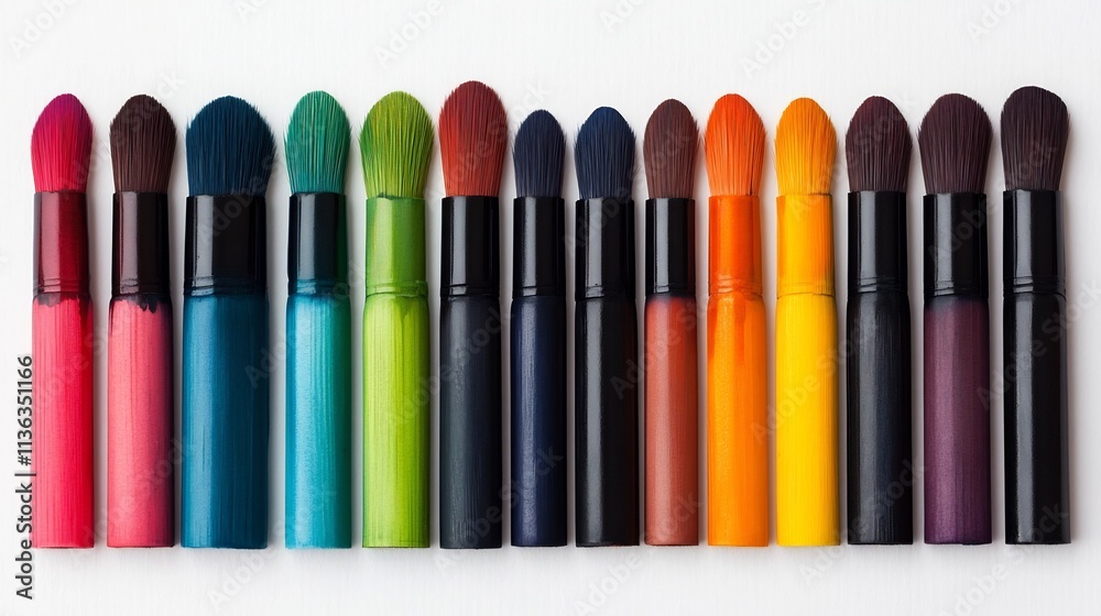 Naklejka premium Vibrant Watercolor Brushes Arranged Neatly on a White Palette for a Clean,Organized Look
