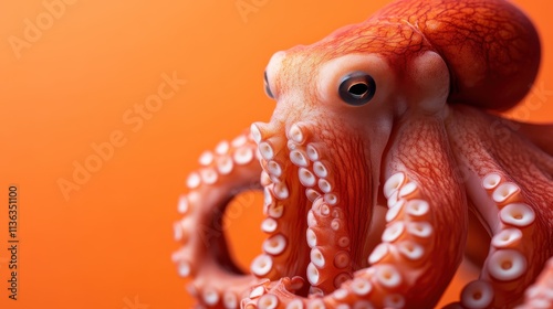 This image highlights the brilliance of an orange octopus, artistically styled against an orange background, emphasizing its unique color and form in marine art. photo