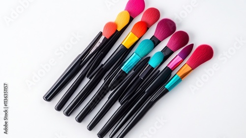 Vibrant Watercolor Makeup Brushes Arranged Neatly on White Background