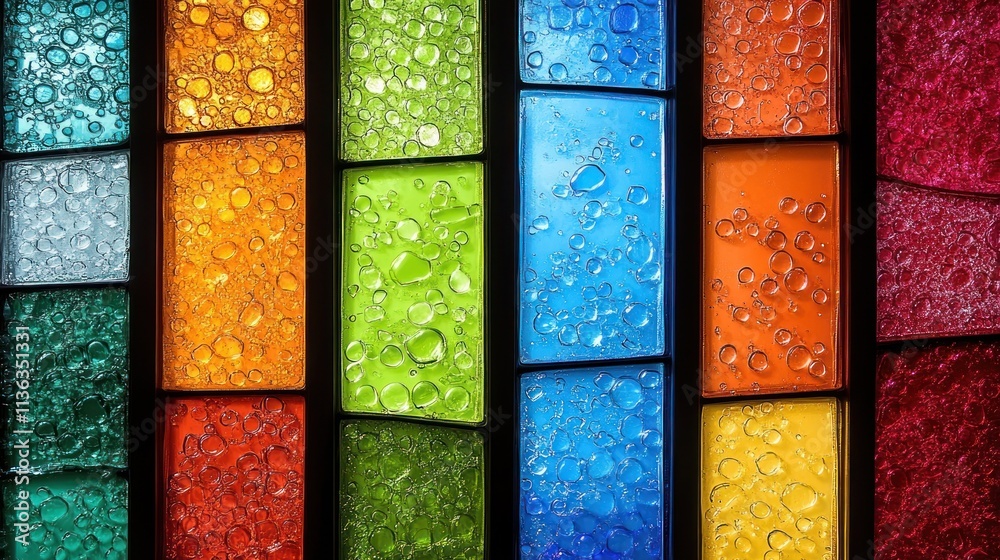 Vibrant stained glass features bold diagonal stripes in primary colors, creating a striking visual effect Vibrant stained glass features bold diagonal stripes in primary colors, creating a striking visual effect