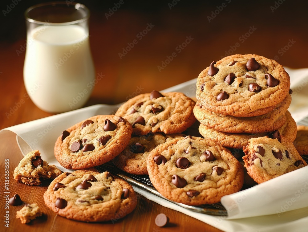 A tempting display of chocolate chip cookies with a glass of milk, inviting indulgence.