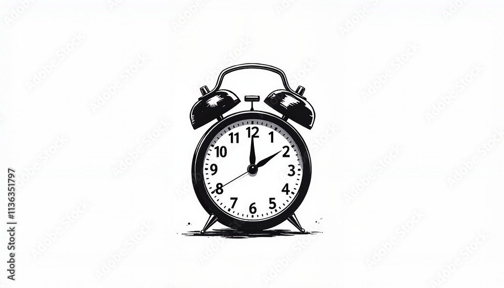 Illustration of a classic alarm clock with a minimalist design on a white background Illustration of a classic alarm clock with a minimalist design on a white background