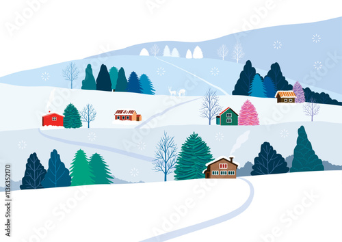 Scenery of a country village with small houses and trees on a snowy hill
