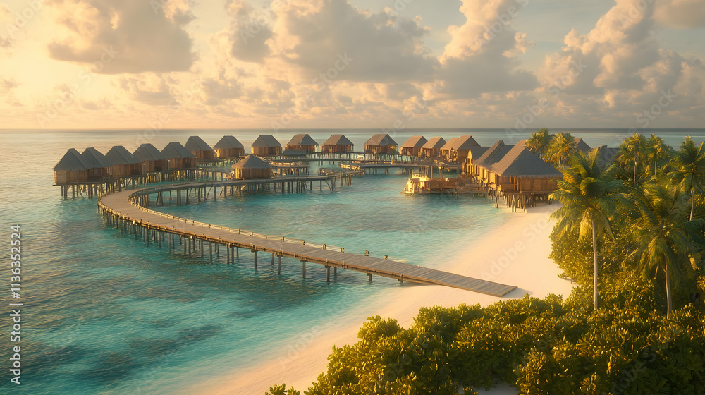 Overwater bungalows on a tropical beach at sunset. Overwater bungalows on a tropical beach at sunset.