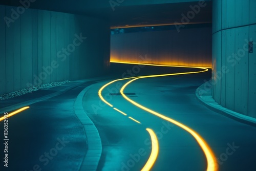 Glowing lines illuminate a dark road tunnel, creating an enchanting guide through the mysterious, winding path. photo