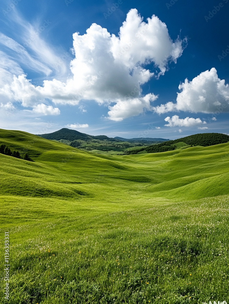Fototapeta premium Vast green hills under a bright blue sky