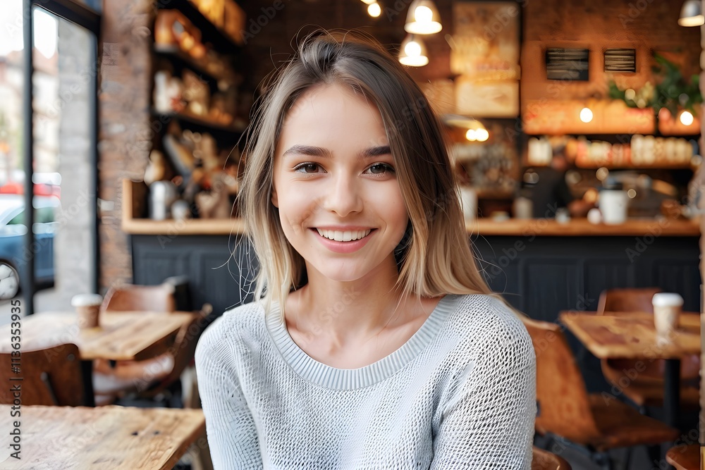 Beautiful girl sitting in the cute cafe smiling and looking at the camera with copy space. Beautiful girl sitting in the cute cafe smiling and looking at the camera with copy space.