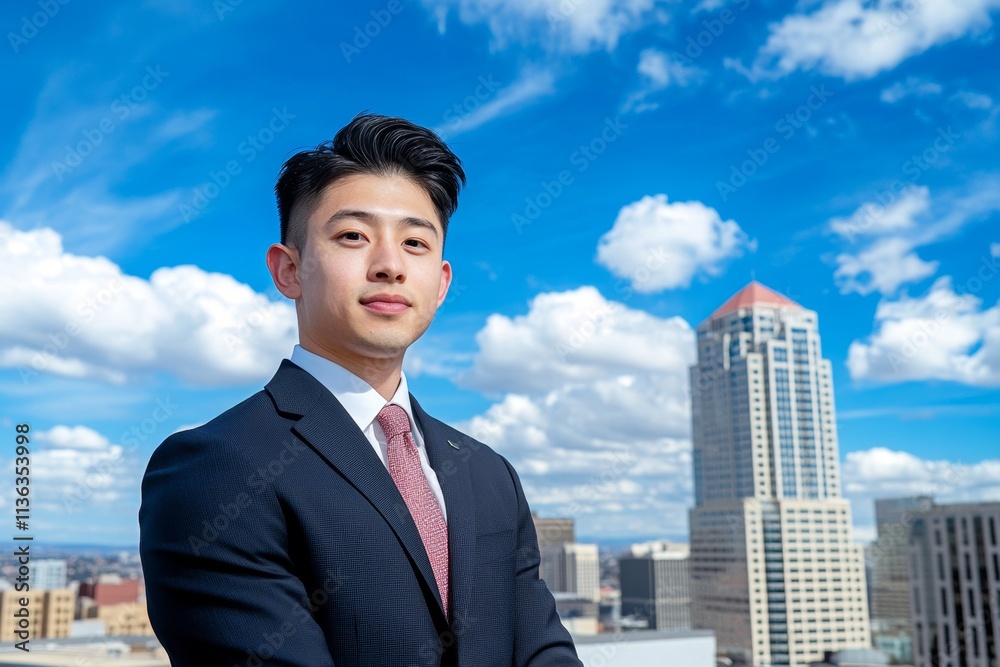 A man wearing a sleek, tailored suit posing on a rooftop with a panoramic cityscape in the background A man wearing a sleek, tailored suit posing on a rooftop with a panoramic cityscape in the background