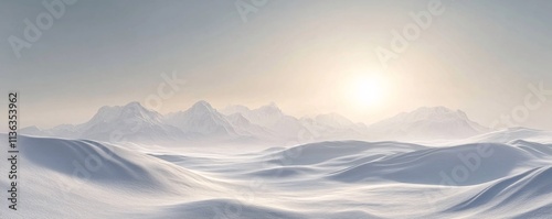 Bright sun shining over snowy mountain range and hills