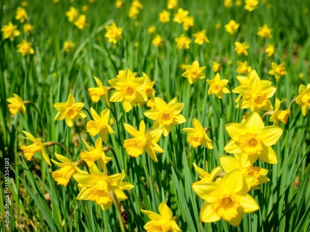 Fototapeta premium Vibrant yellow daffodil flowers blooming in a lush field under the bright sun, yellow, blooming, meadow