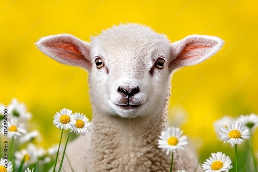 Fototapeta premium A meadow scene with a ewe surrounded by small clusters of chamomile flowers and tall grasses