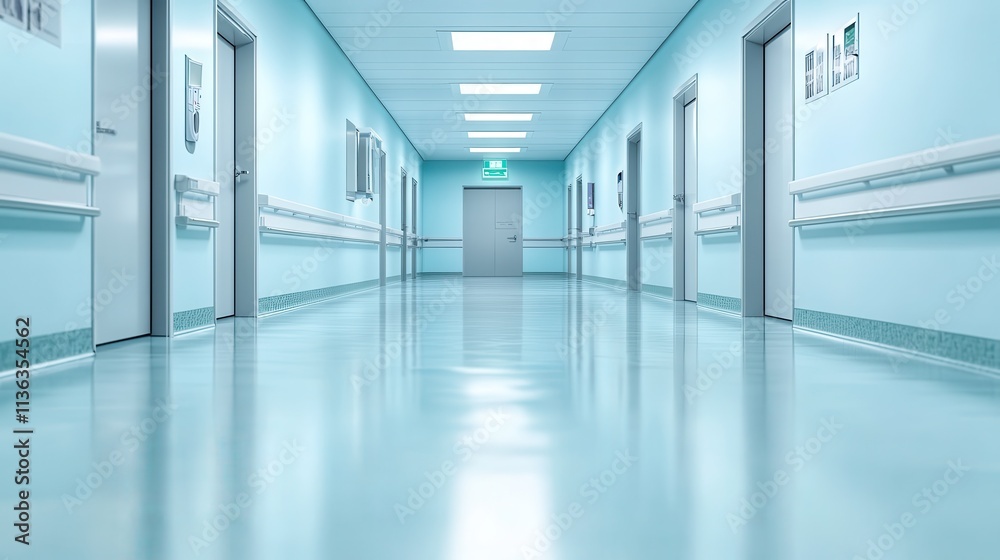 A serene corridor in light blue tones features multiple doors and an illuminated emergency exit, embodying calm and order in a spacious building interior. A serene corridor in light blue tones features multiple doors and an illuminated emergency exit, embodying calm and order in a spacious building interior.