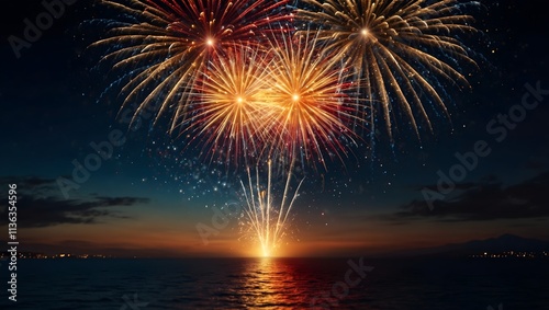 Bright fireworks explode over a dark ocean at sunset.

 photo