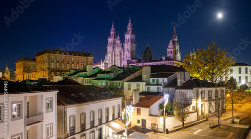 Santiago de Compostela cathedral and old town view at night during Christmas time