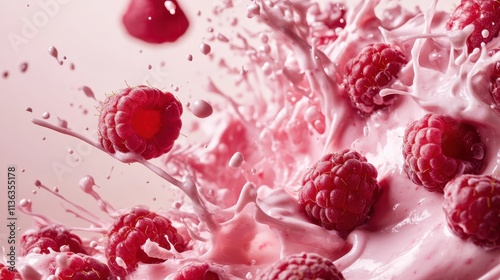 A cascade of juicy red raspberries creating a dramatic splash in thick pink yogurt. The juxtaposition of colors creates an exciting and energetic image.