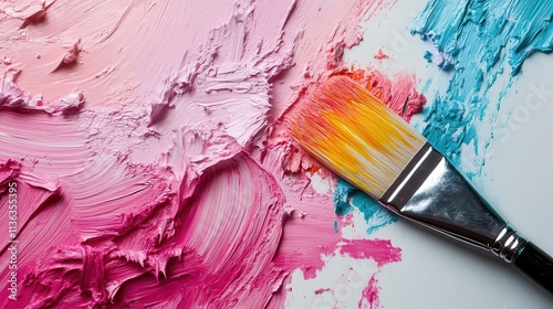 The image showcases assorted shades of pink paint strokes with a classic brush, blending colors for a vibrant and dynamic artistic presentation. photo