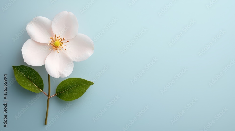 Fototapeta premium A white flower with green leaves rests gracefully against a soft blue background, creating a serene and elegant visual.