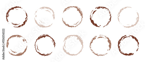 Coffee circle stain in mocha mousse 2025 color. Vector icon on white background. Abstract frame, watercolor food illustration. Chocolate water paint cup ring. Coffee circle stain. Mocha mousse drink
