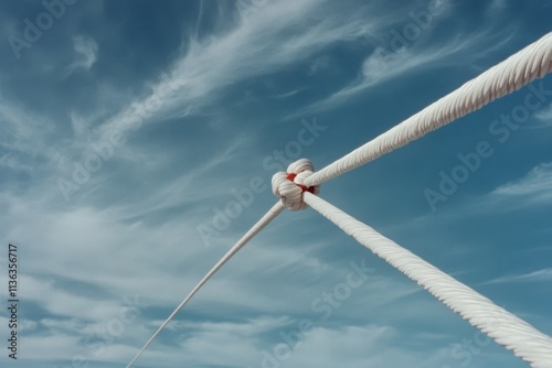 A tight knot in white ropes stretches against a vast sky, symbolizing strength and connection amid nature’s endless horizon. photo