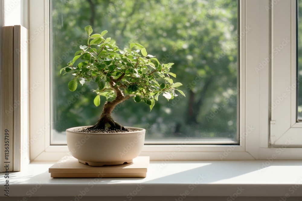 Fototapeta premium A small bonsai tree sits on a windowsill, basking in natural sunlight, evoking a tranquil and contemplative mood within a minimalist indoor space.
