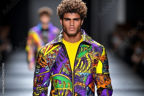 A modern take on traditional fashion, featuring a man in a kimono-style jacket with contemporary patterns photo