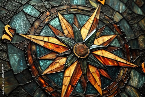 Close-up view of a beautifully crafted stained glass compass rose featuring rich colors and elaborate characters photo