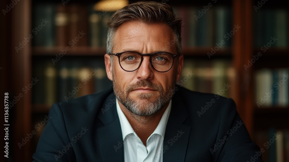 A contemplative, bespectacled man sits against a bookshelf backdrop, signifying knowledge, wisdom, and sophistication in this timeless, scholarly environment.