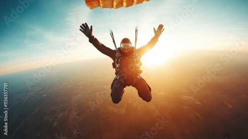A skydiver with an open parachute is silhouetted against a glowing sunset, capturing a breathtaking moment of adventure and freedom high above the vast landscape below.