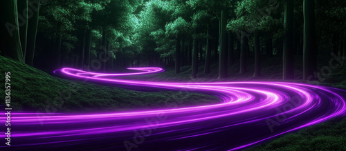 Dark green forest background with flowing neon purple streaks, offering a bold visual contrast