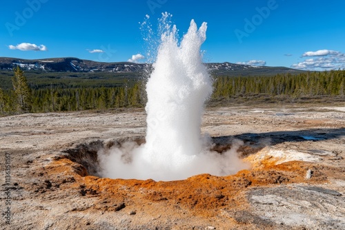 A natural scene with a geyser erupting explosively, shooting boiling water and steam high into the air