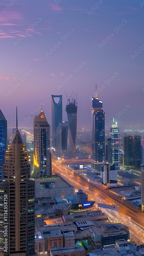 Fototapeta premium aerial cityscape at dusk tall buildings and lights illuminating the streets below in riyadh city