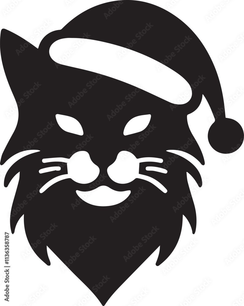 A Festive Black Cat Wearing a Santa Hat, A stylized, black and white graphic of a cat's head wearing a Santa hat. A Festive Black Cat Wearing a Santa Hat, A stylized, black and white graphic of a cat's head wearing a Santa hat.