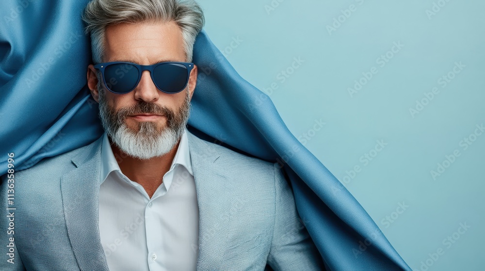 An elegant man with a white beard, styled sunglasses, and a compelling suit is framed by flowing blue fabric, creating a harmonious and stylish composition. An elegant man with a white beard, styled sunglasses, and a compelling suit is framed by flowing blue fabric, creating a harmonious and stylish composition.