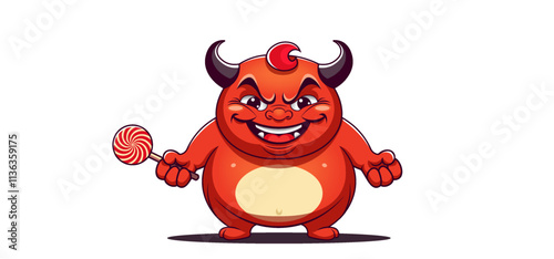 Vector cartoon fat chubby smiling cheerful horned red demon of gluttony. Hellish pot bellied toon creature. Round lollipop or candy. Animation devilish sticker. Naughty plump imp.