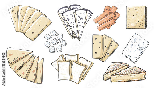 Set of cheese types isolated on white background. Cheese design. Vector illustration