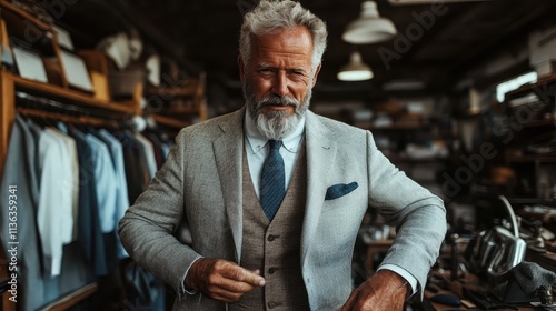 A mature tailor in a sleek suit focuses on adjusting a button, surrounded by various elegant suits and tailoring essentials in a well-equipped workshop setting. photo