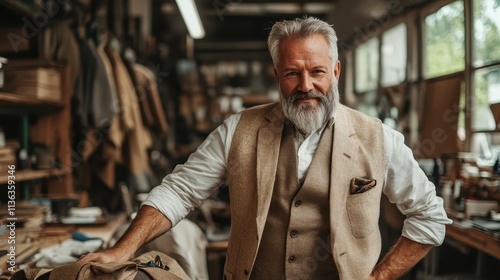 An elderly tailor, wearing a vest and shirt, leans on fabric rolls in his sunlit workshop filled with sewing supplies, exuding satisfaction and experience. photo