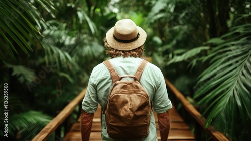 Fototapeta Naklejka Na Ścianę i Meble -  An explorer with a sturdy backpack walks along a wooden path through dense jungle greenery, symbolizing adventure, journey into the wild, and connection with nature.