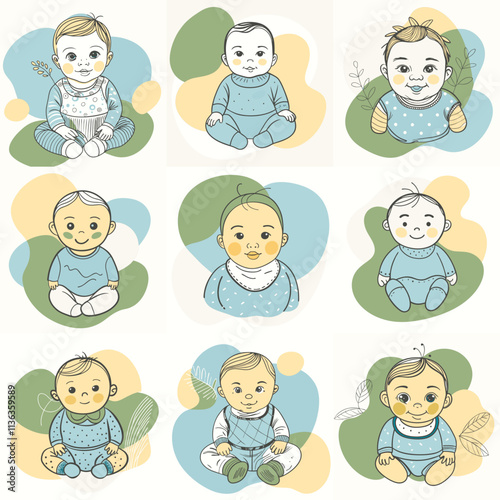 Set of a cute baby in underpants with different styles. Vector illustration in flat cartoon style.