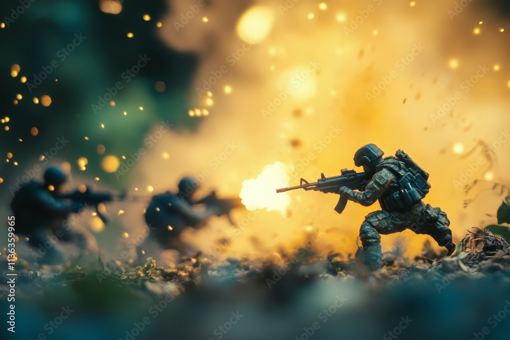 Naklejka premium Amidst fiery explosions, miniature soldiers engage in a dramatic battle scene, capturing the intensity and chaos of warfare.